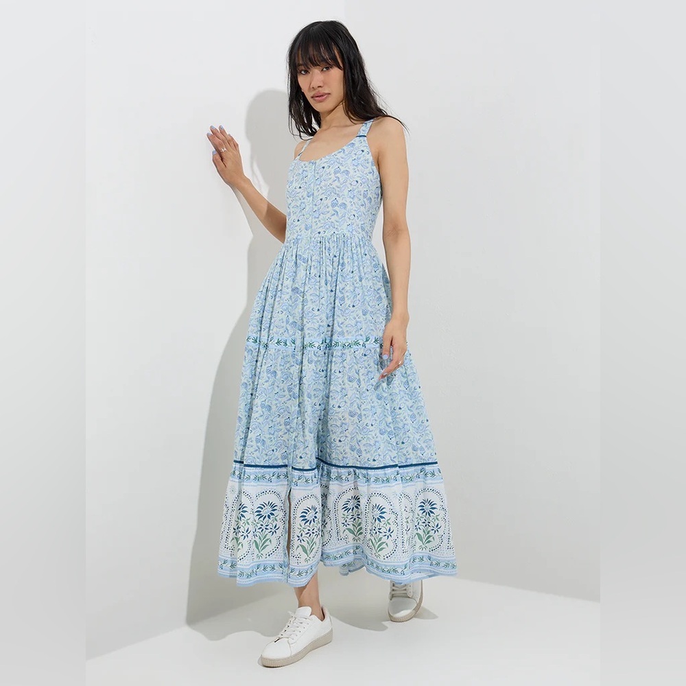 Bombay Paisley Light Blue Floral Design Tiered Cotton Dress Size Extra Large